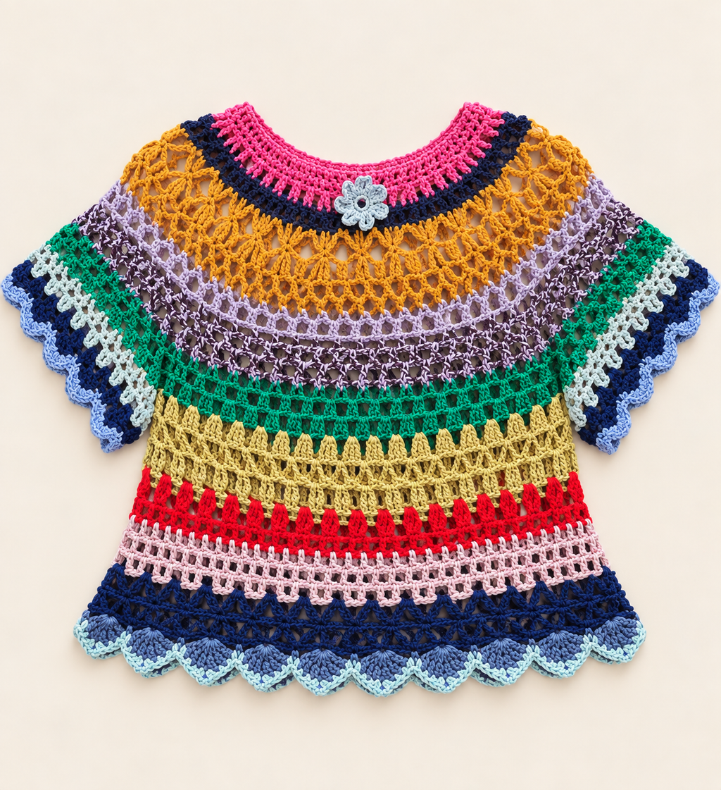Chromatic Freedom multicolour handmade crochet XXL oversize top laid flat, front view