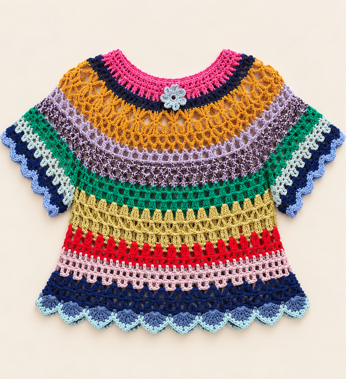 Chromatic Freedom multicolour handmade crochet XXL oversize top laid flat, front view