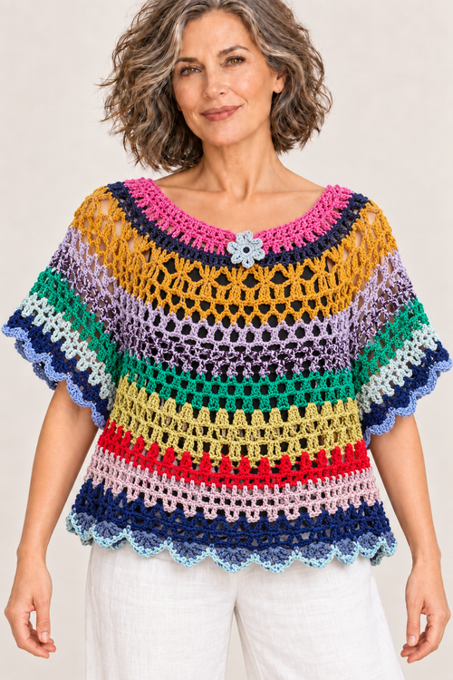 Chromatic Freedom multicolour handmade crochet XXL oversize top on a blonde model, front view