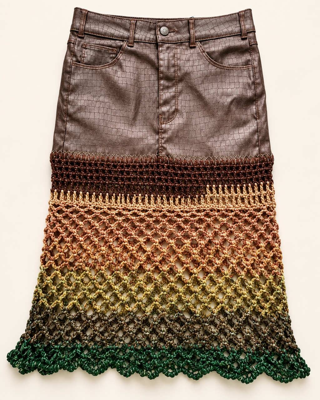 Earth Ombre artistic crochet skirt — front flat view