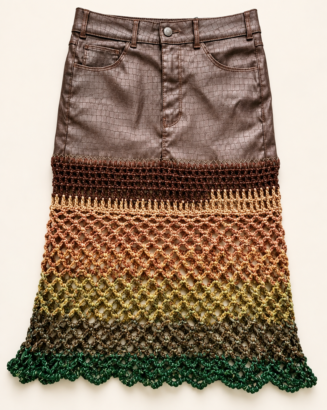Earth Ombre artistic crochet skirt — front flat view