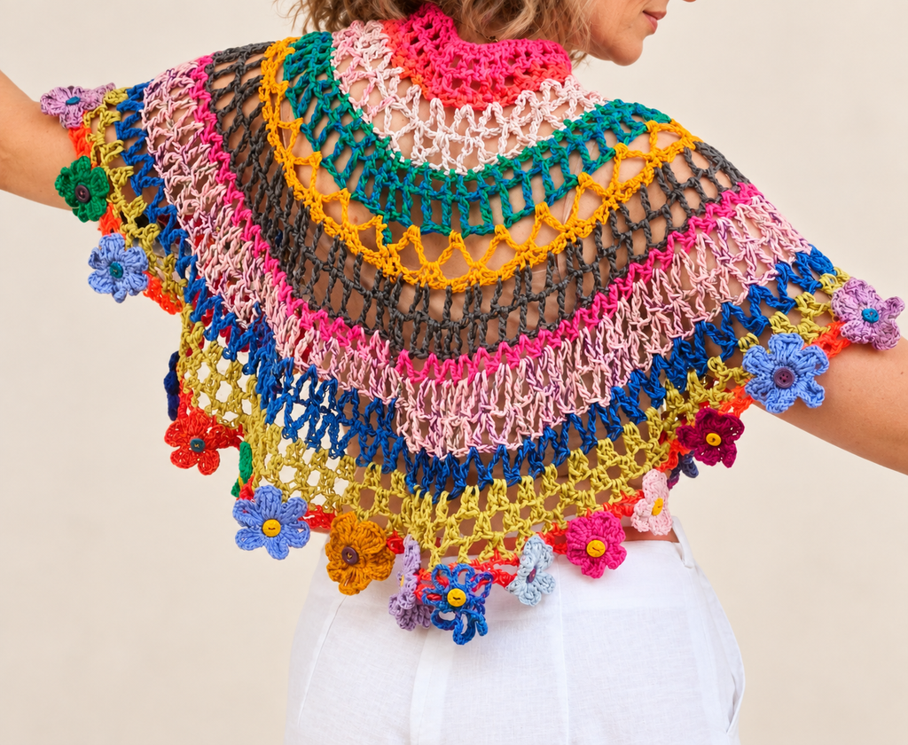 Flower Halo artistic crochet cape top, back view on a mature blonde model