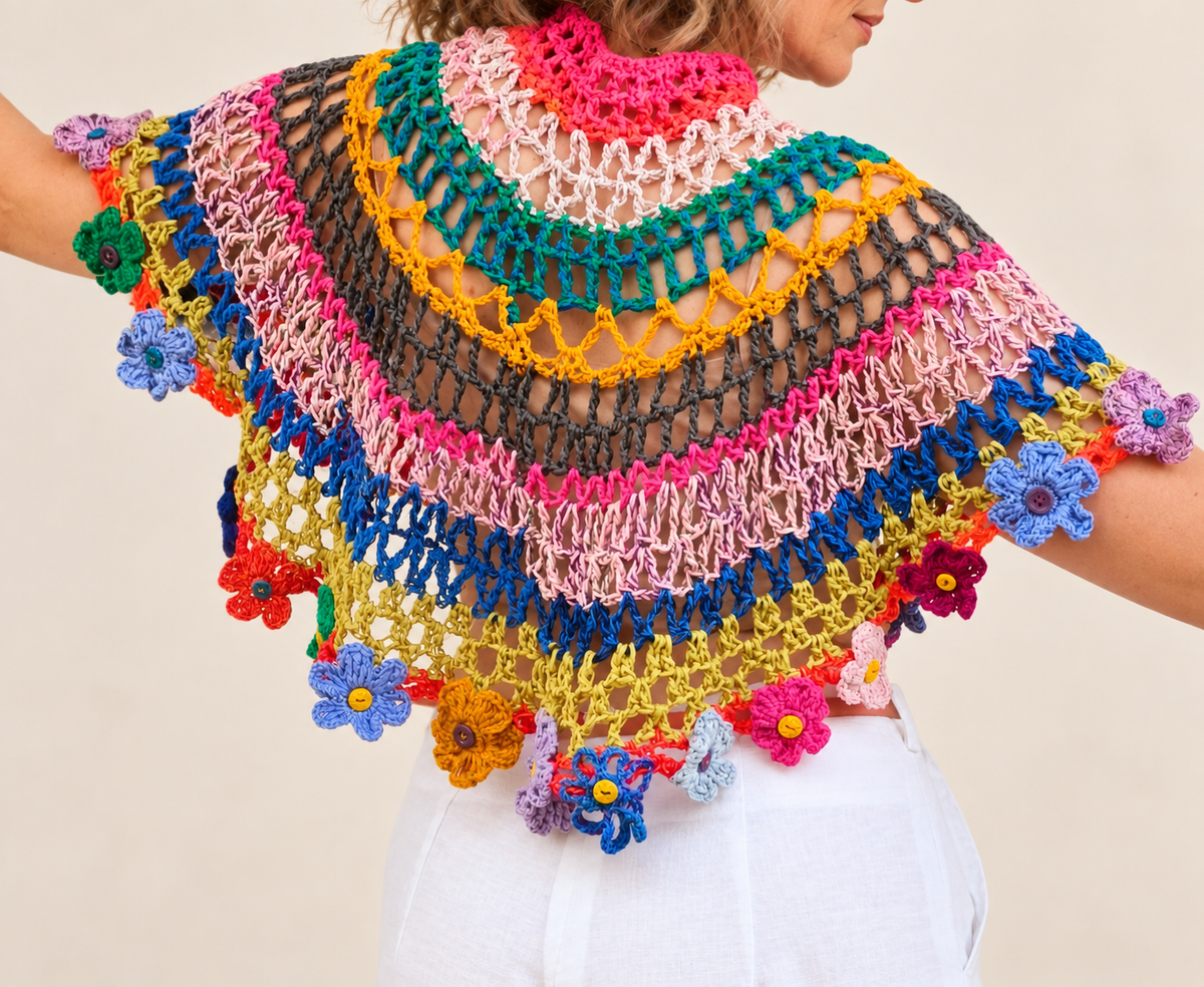 Flower Halo artistic crochet cape top, back view on a mature blonde model