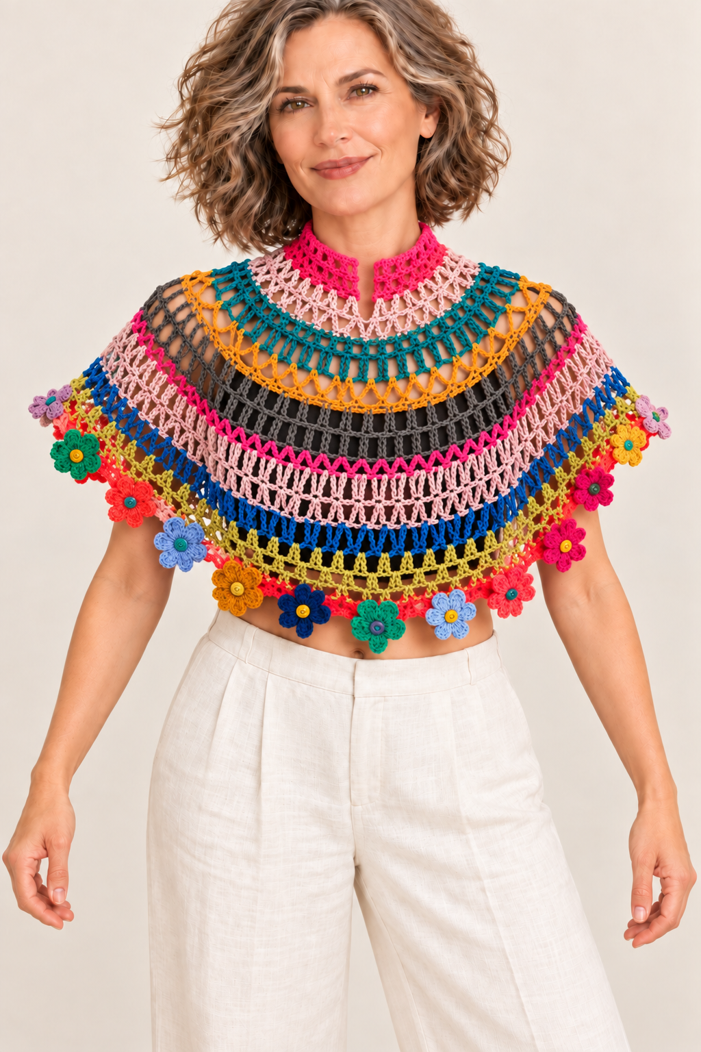 Flower Halo artistic openwork crochet cape top, front view on a mature blonde model