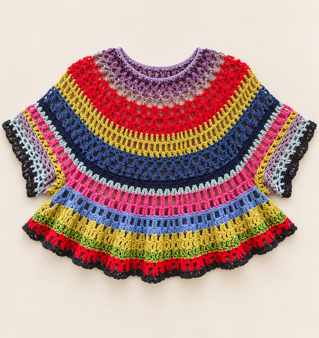 Colour Orbit handmade multicolour crochet XL cape top arranged flat on an ivory background