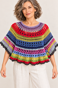 Colour Orbit handmade multicolour crochet XL cape top on a blonde model, front view