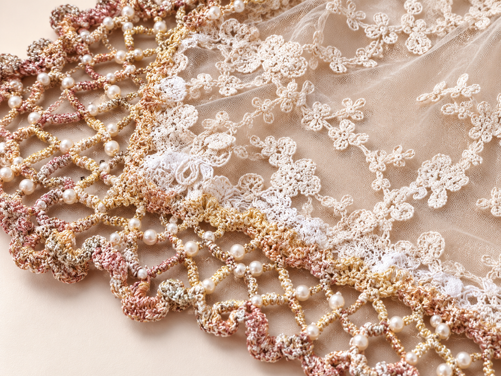 Close-up of ecru tulle lace, crochet edging and pearl embellishment