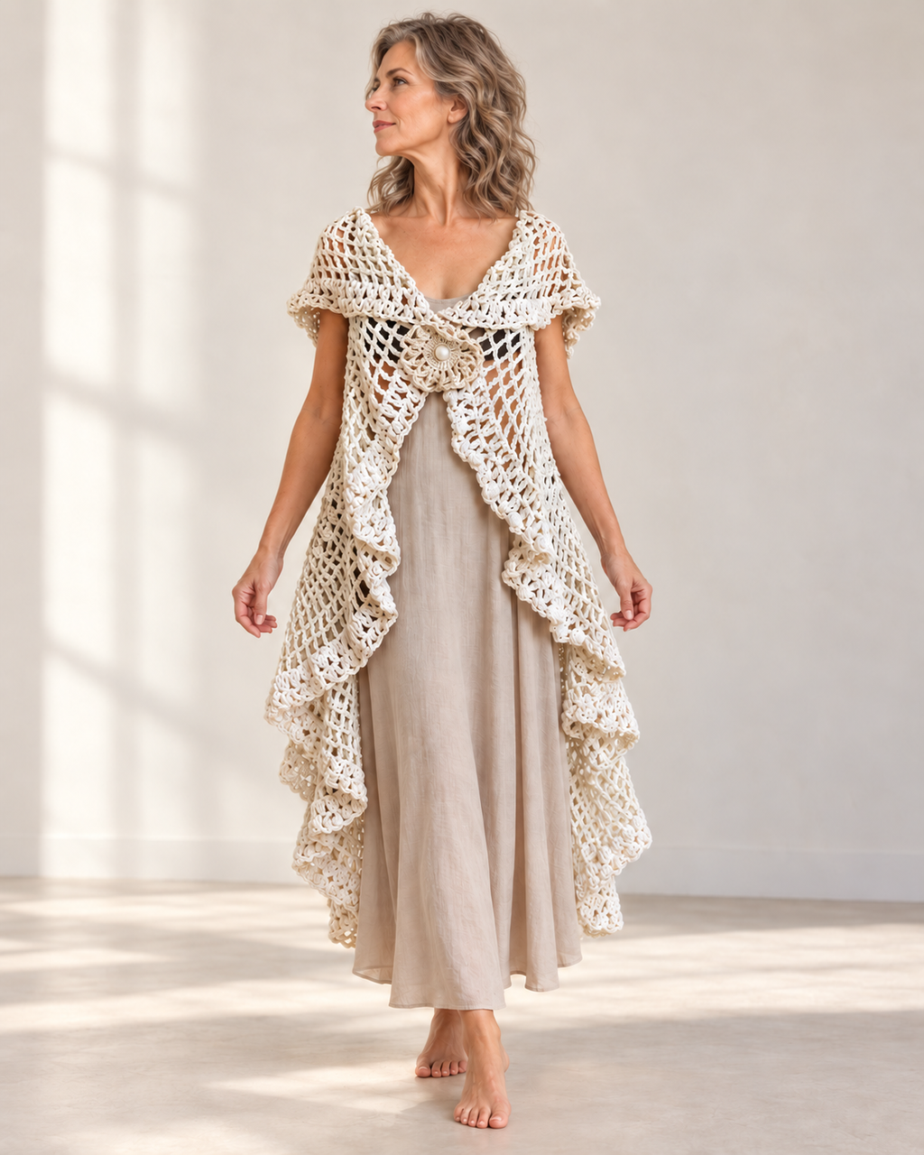 Cream crochet circular cape vest worn by a blonde woman – front view