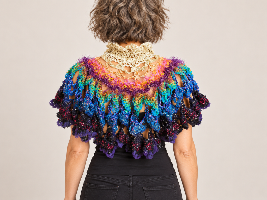 Back view of a colourful handmade crochet cape on a model