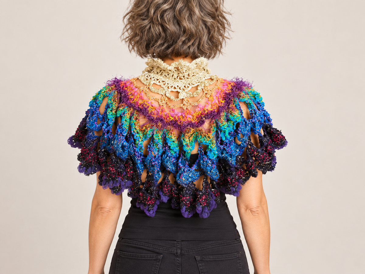 Back view of a colourful handmade crochet cape on a model