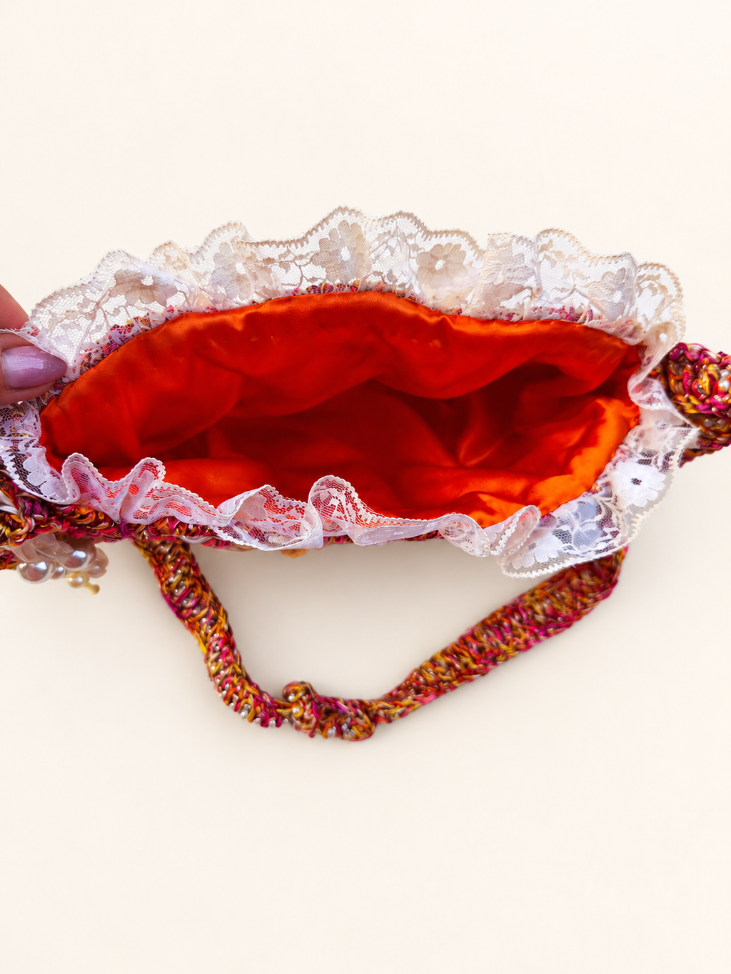 Apricot Serenade — Crochet Art Handbag with Pearls