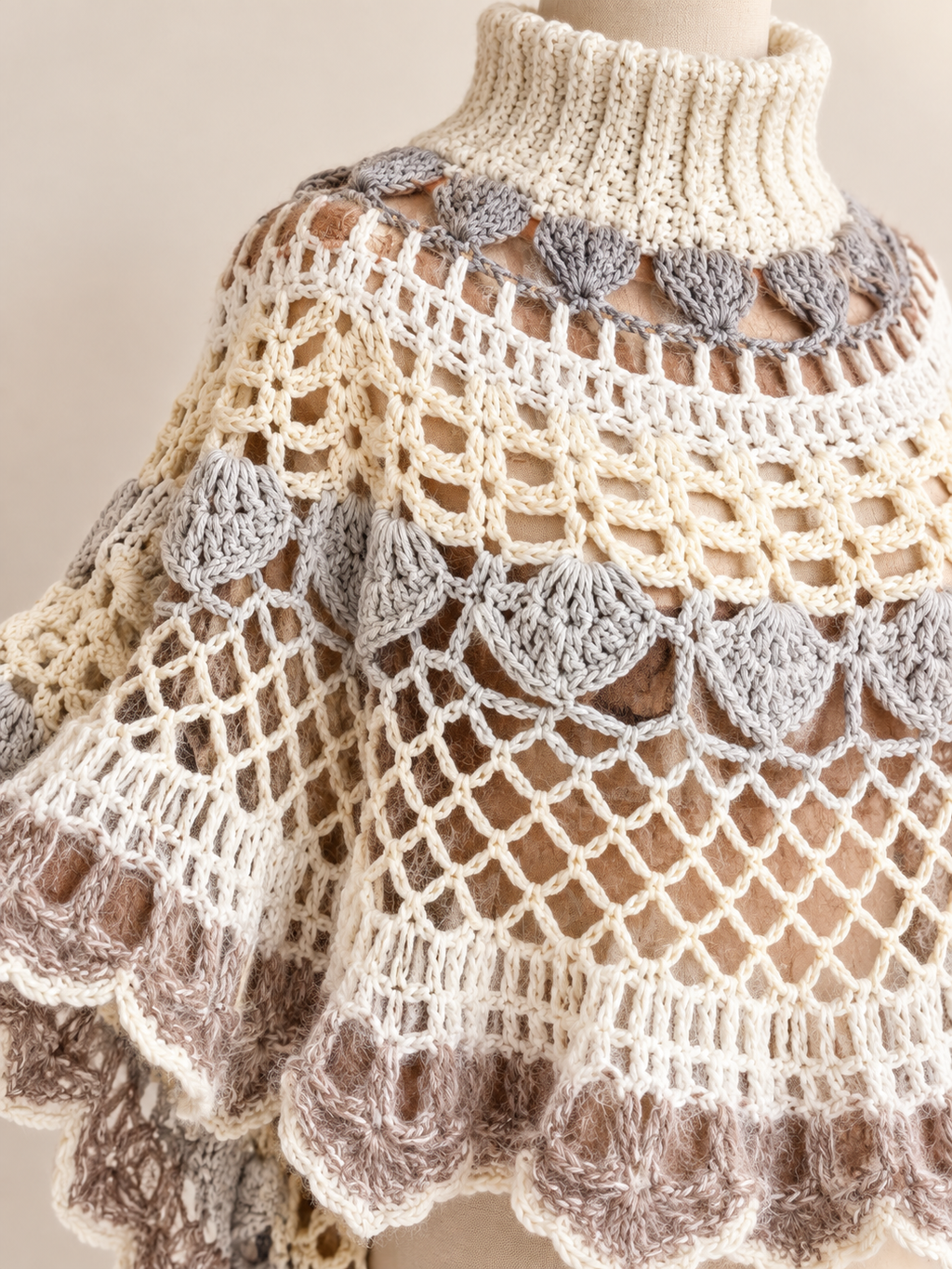 Close-up of ribbed turtleneck and openwork crochet details in ecru, grey and taupe