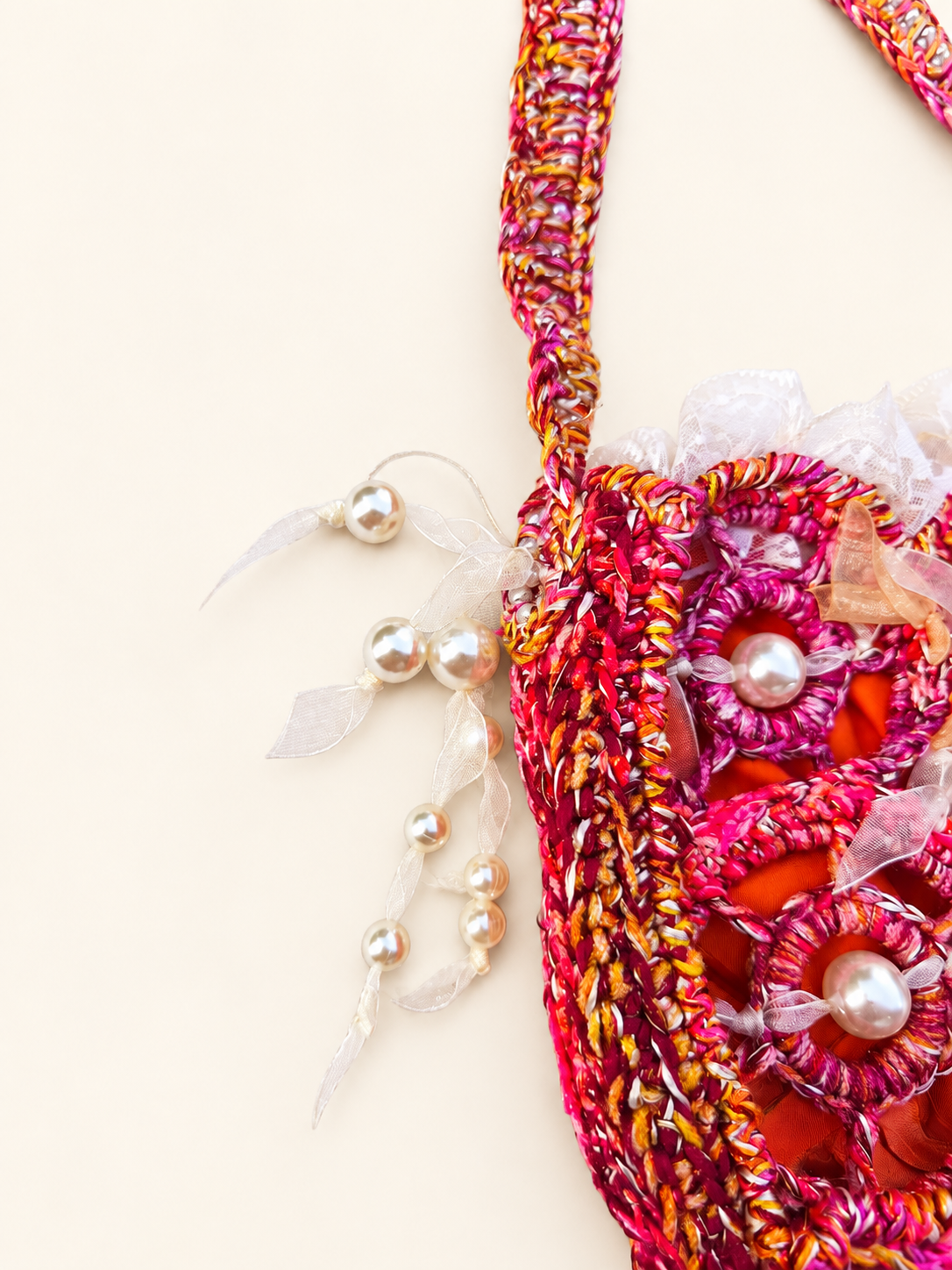Apricot Serenade — Crochet Art Handbag with Pearls