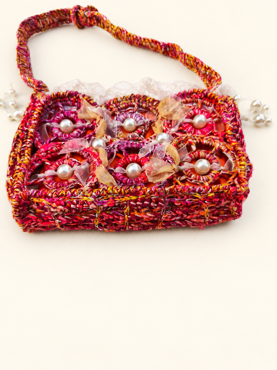 Apricot Serenade — Crochet Art Handbag with Pearls