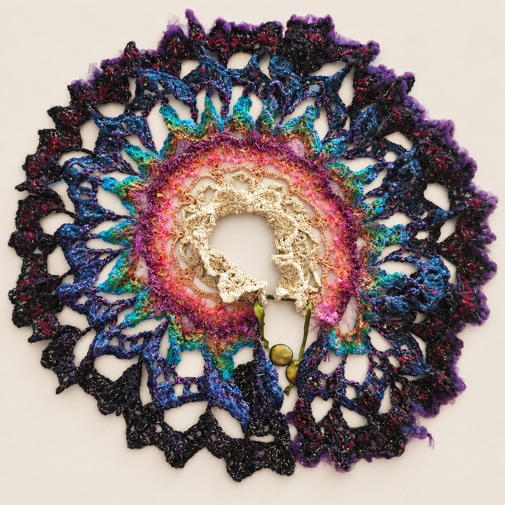 Close-up of the crochet collar, textured yarns and green fastening