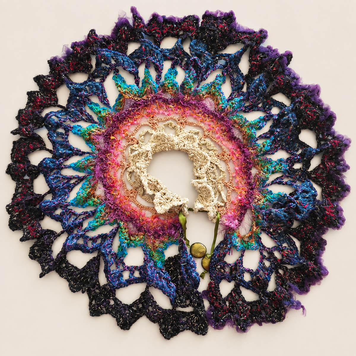 Close-up of the crochet collar, textured yarns and green fastening