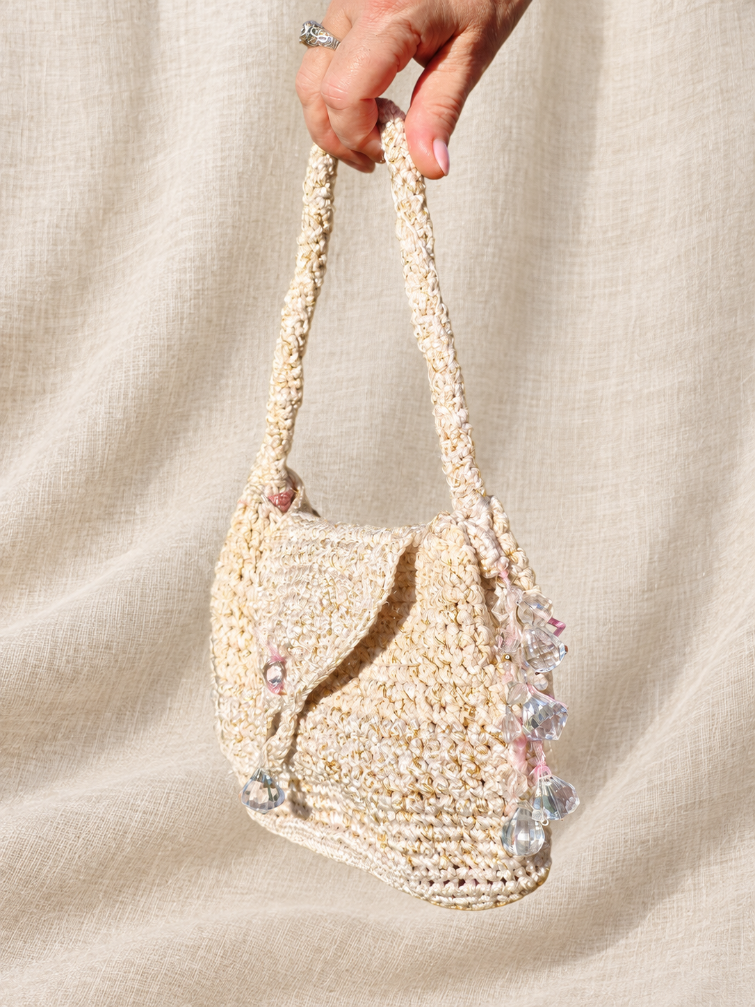 Pudrowe Złoto — torebka textile art z kryształkami
