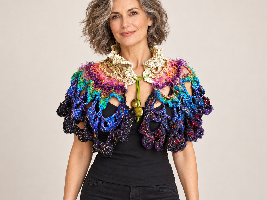 Front view of a colourful handmade crochet cape on a model
