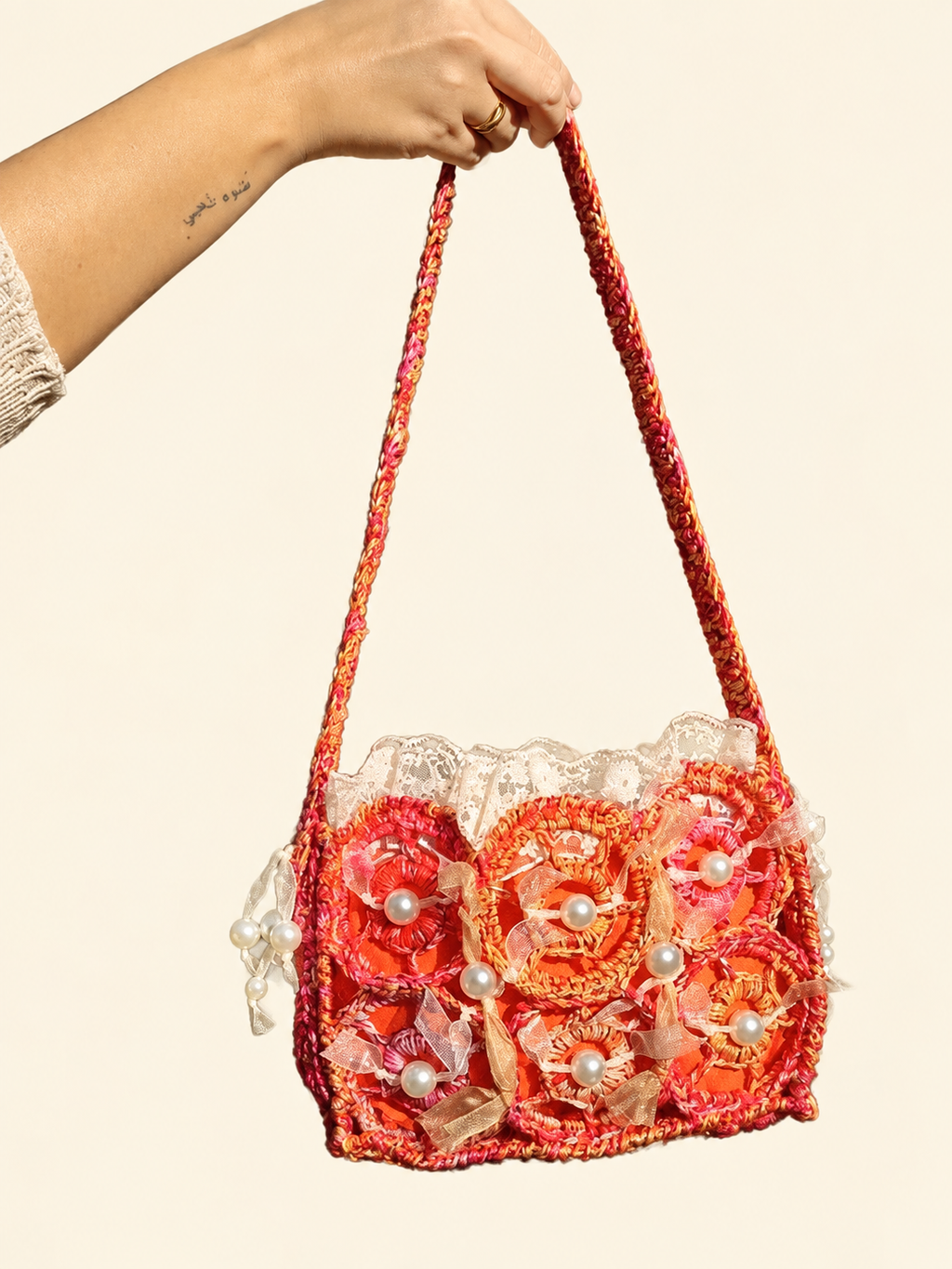 Apricot Serenade — Crochet Art Handbag with Pearls