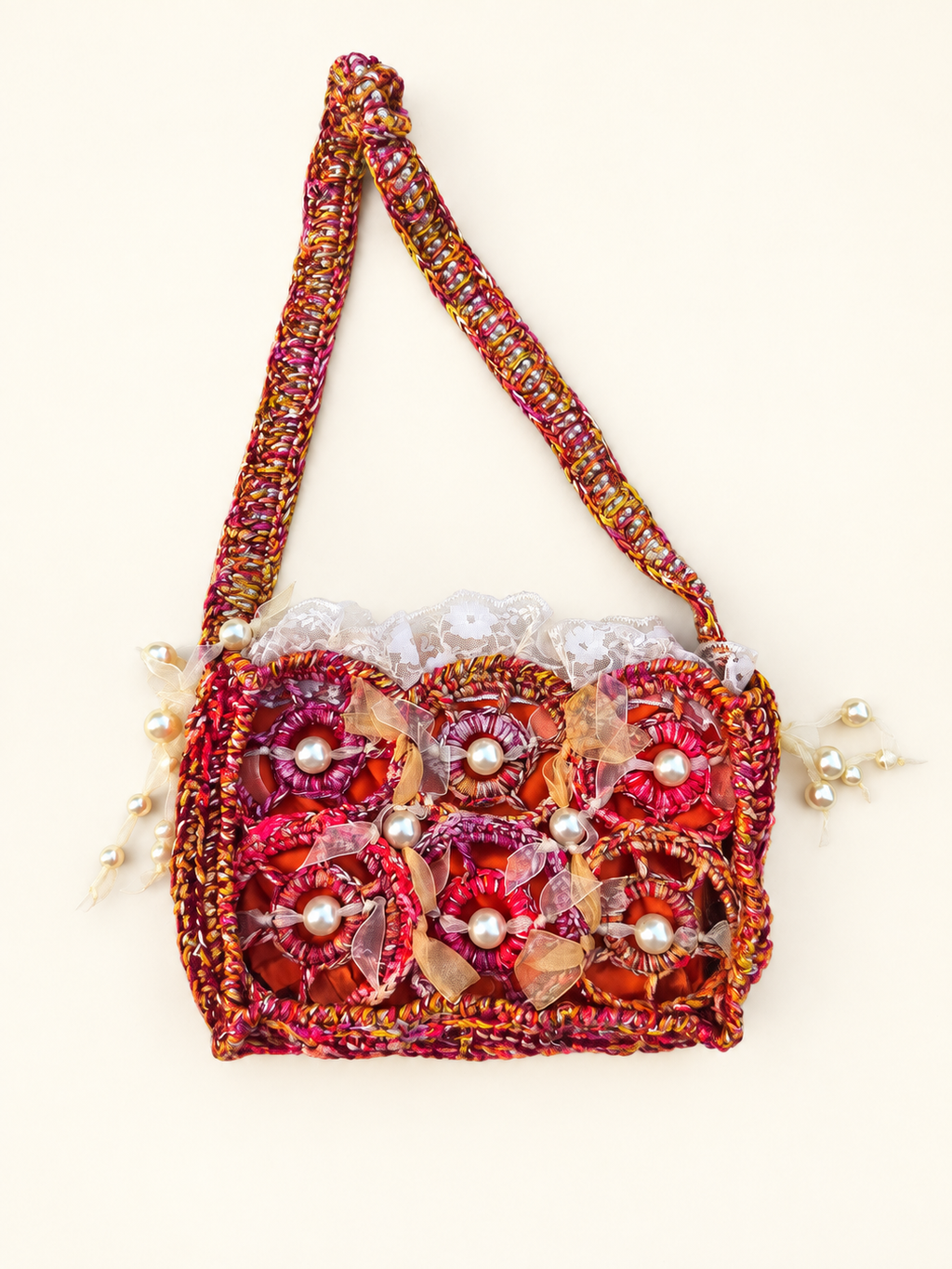 Apricot Serenade — Crochet Art Handbag with Pearls