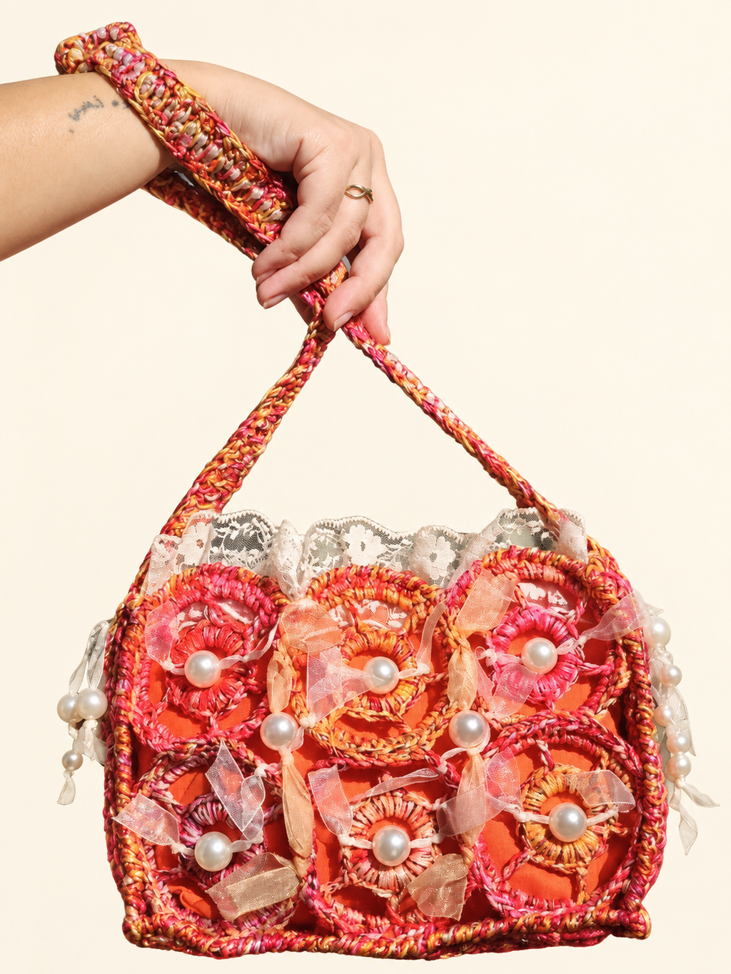 Apricot Serenade — Crochet Art Handbag with Pearls