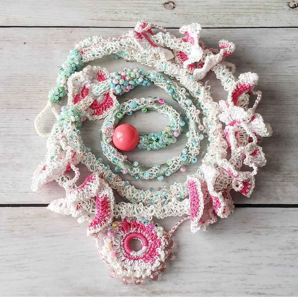 Pink, white, and celadon