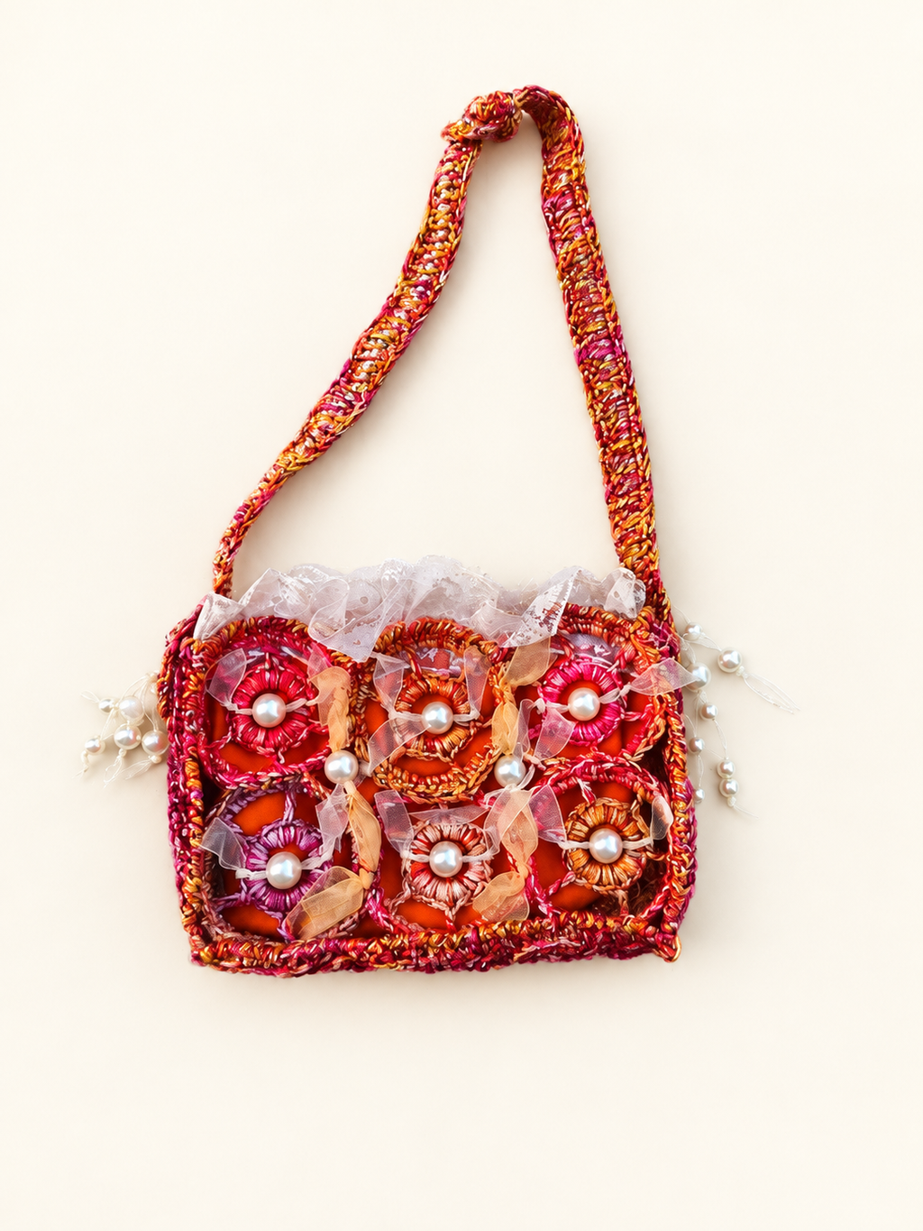 Apricot Serenade — Crochet Art Handbag with Pearls
