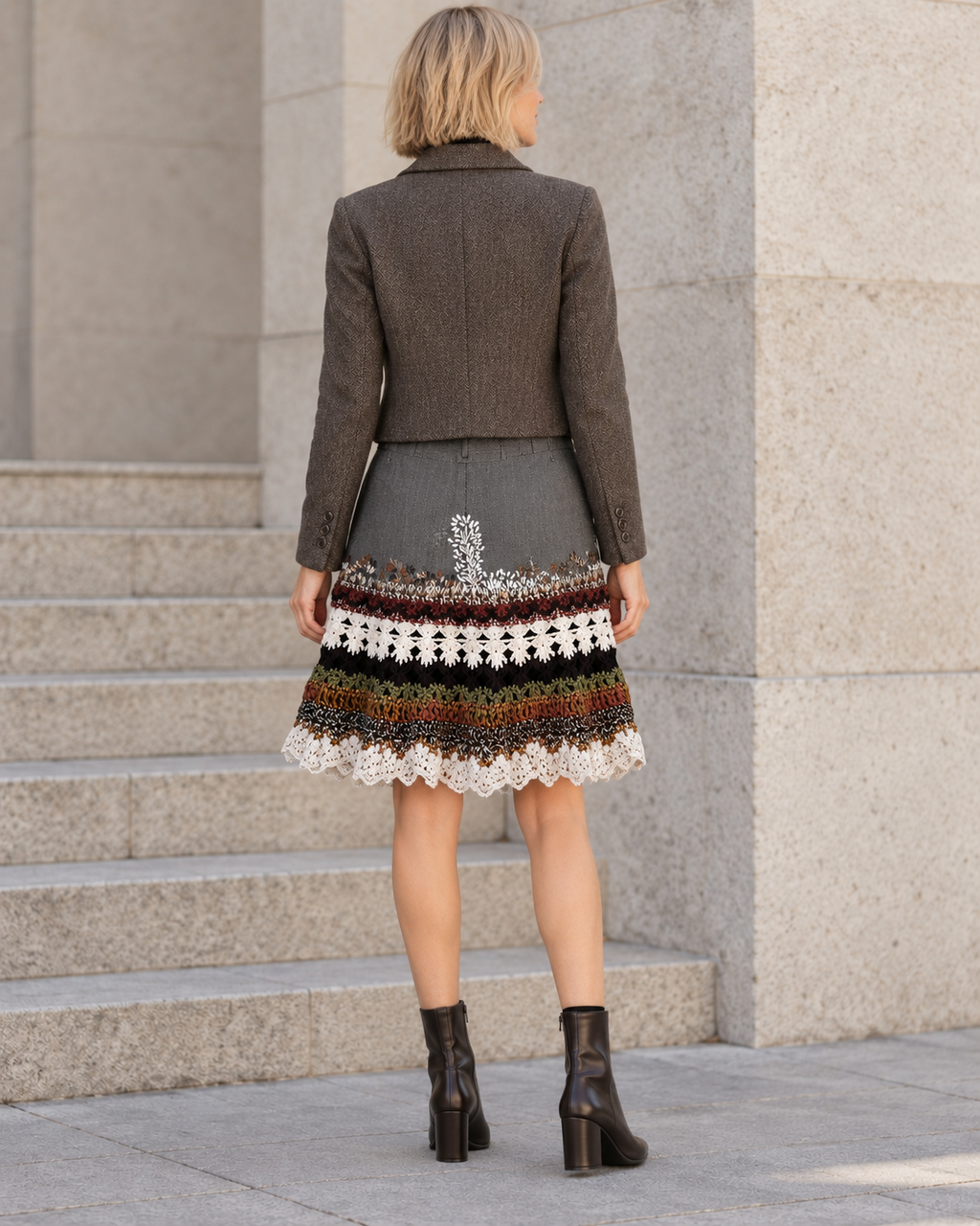 Shadow Garden — Graphite Linen Art Skirt with Crochet Layers