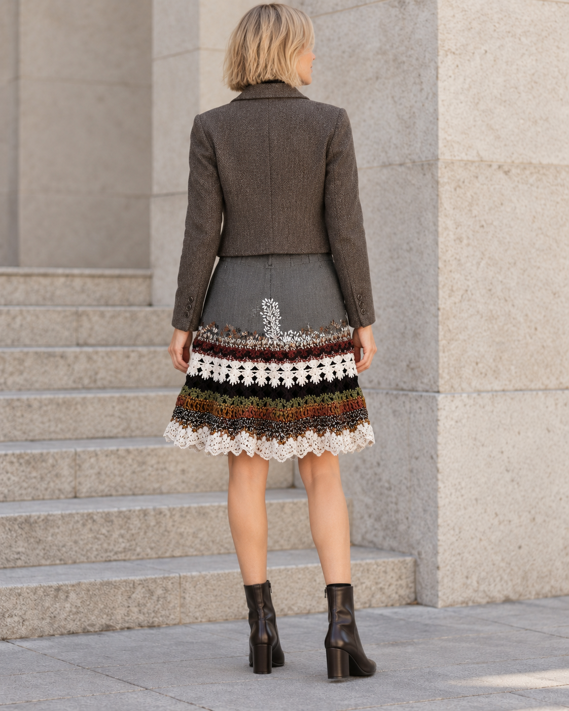 Shadow Garden — Graphite Linen Art Skirt with Crochet Layers