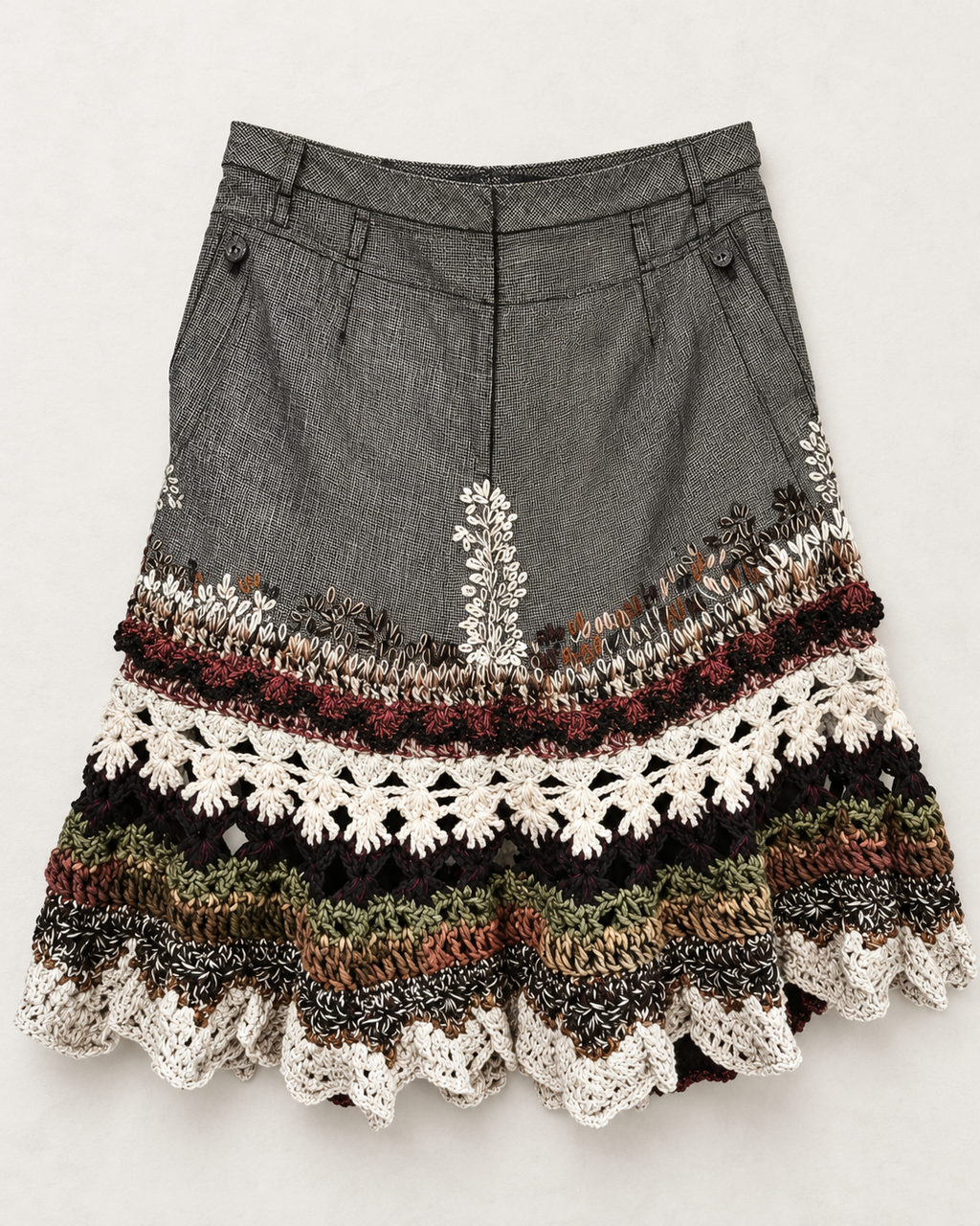 Shadow Garden — Graphite Linen Art Skirt with Crochet Layers