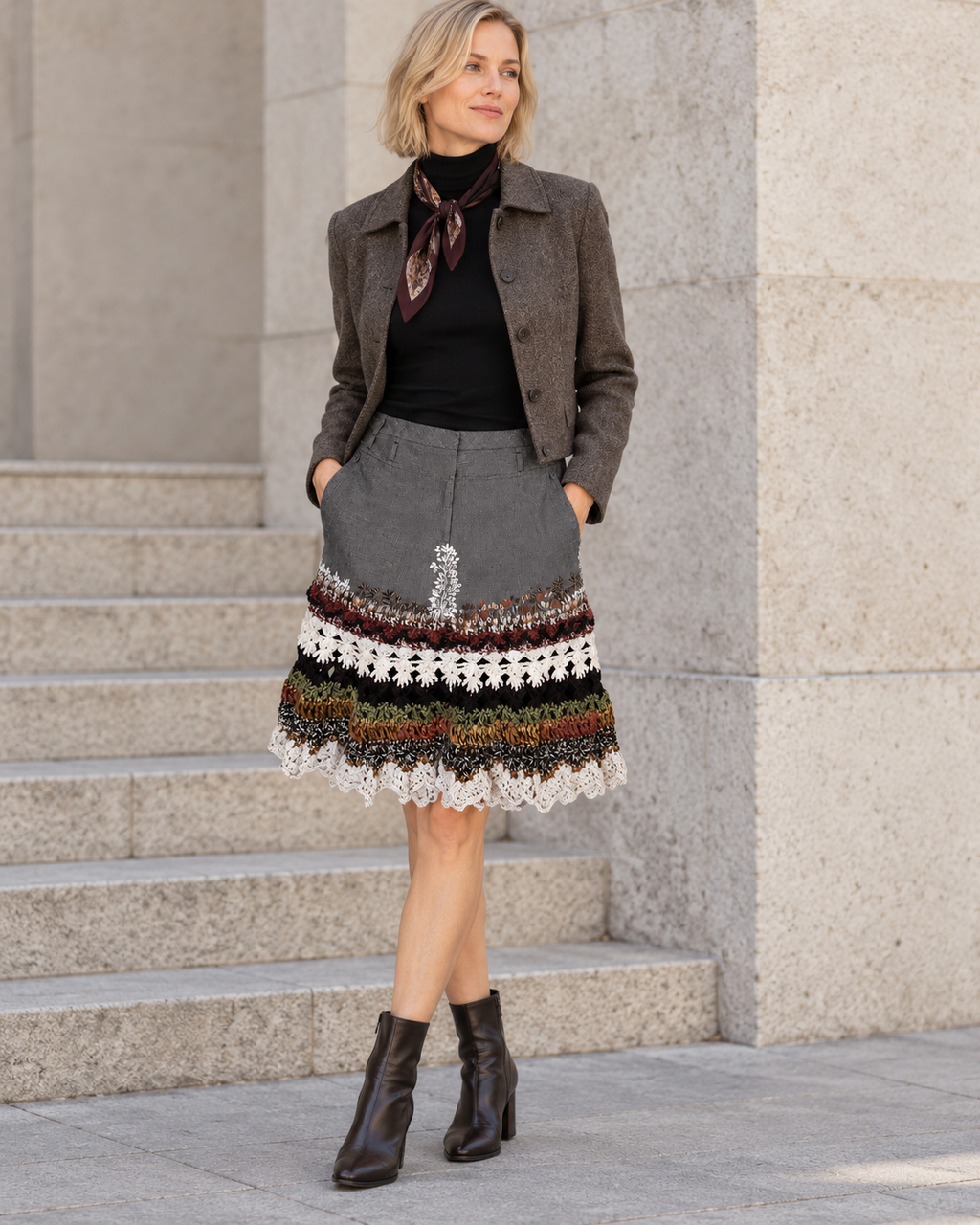 Shadow Garden — Graphite Linen Art Skirt with Crochet Layers