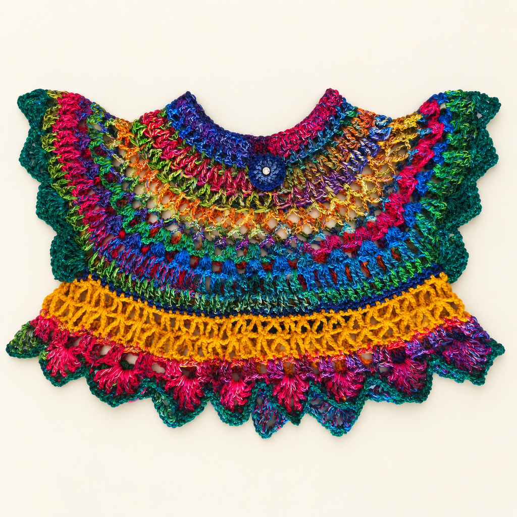 Colourful handmade openwork crochet top laid flat on an ivory background