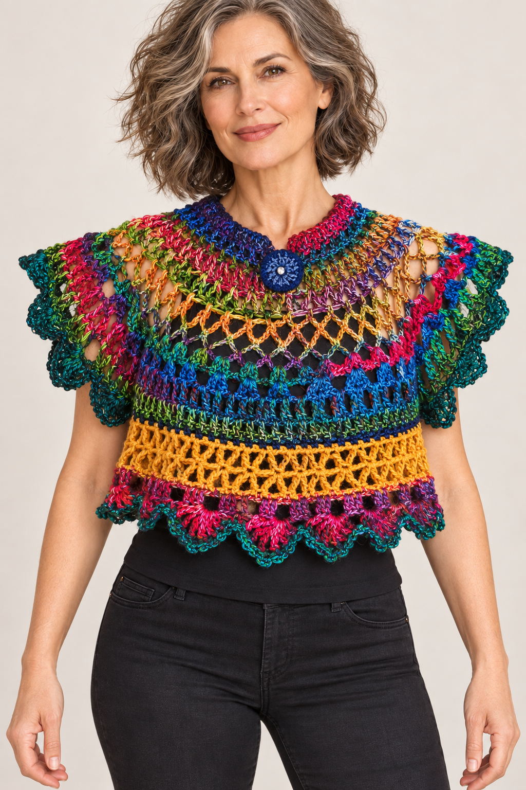 Colourful handmade crochet top worn by a blonde woman – front view