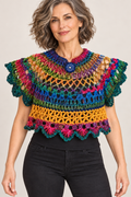 Colourful handmade crochet top worn by a blonde woman – front view