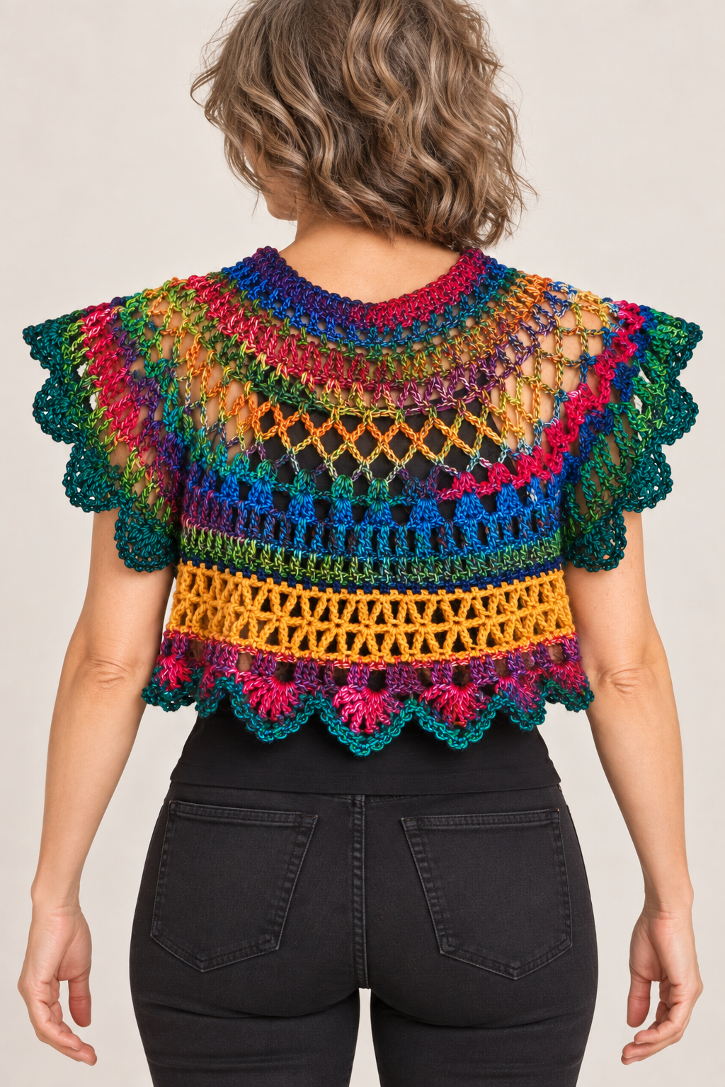 Colourful handmade crochet top worn by a blonde woman – back view